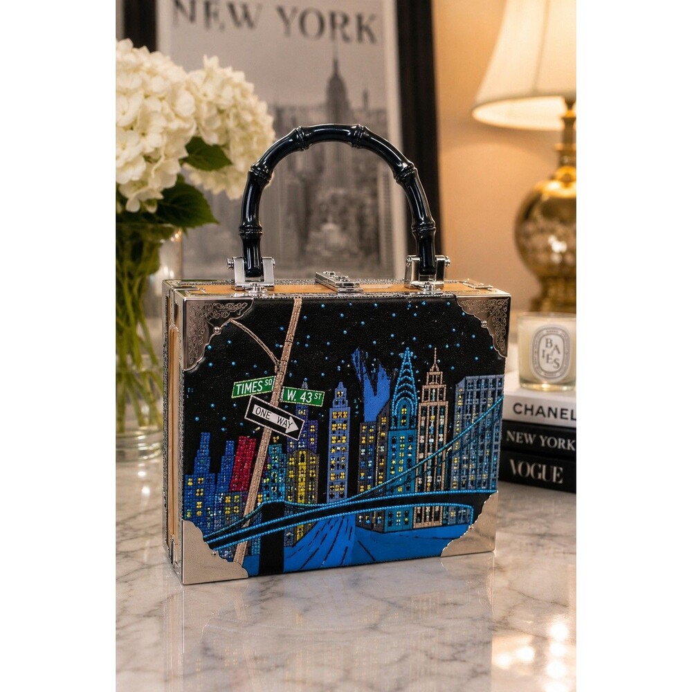New York City Skyline Novelty Handbag Cigar Box Style Purse Beaded - Picture 2 of 9